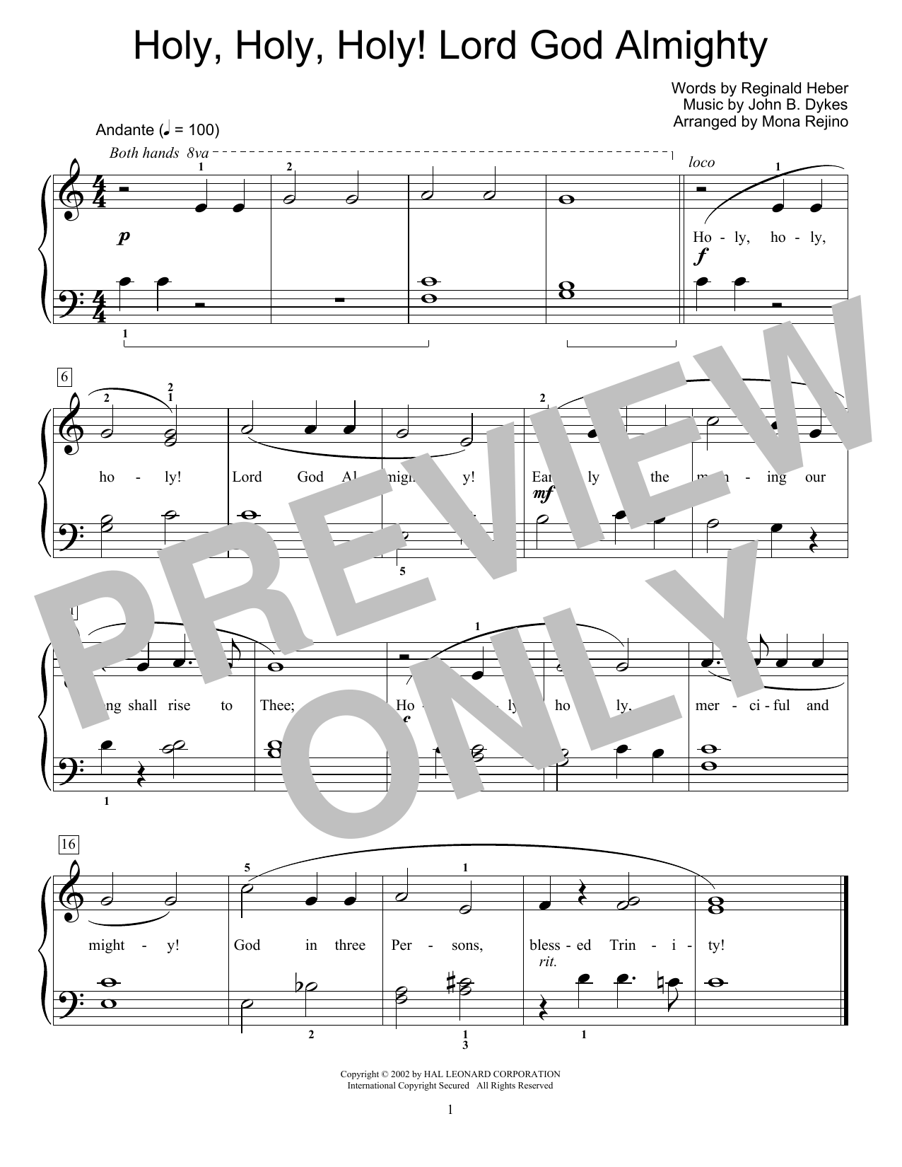 Reginald Heber Holy, Holy, Holy! Lord God Almighty (arr. Mona Rejino) Sheet Music