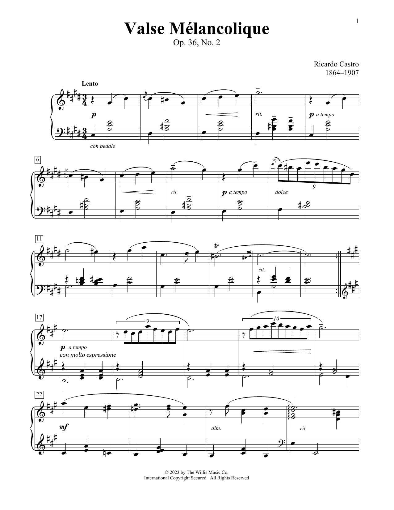 Ricardo Castro Valse Melancolique, Op. 36, No.2 Sheet Music