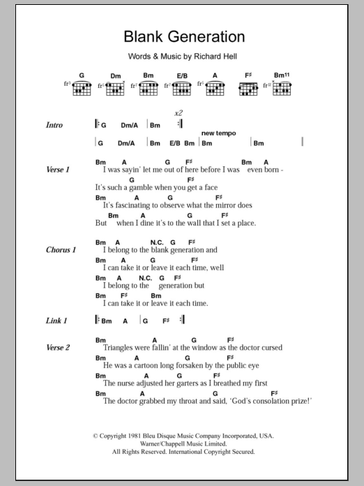 Richard Hell & The Voidnoids Blank Generation Sheet Music