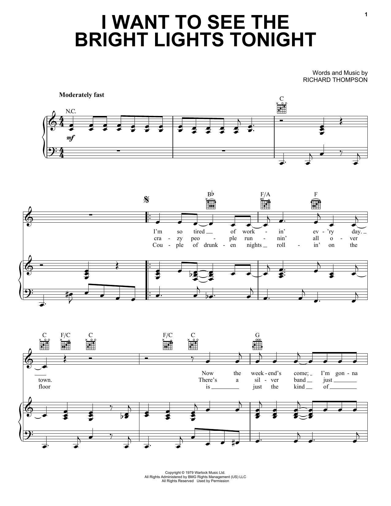 Richard & Linda Thompson I Want To See The Bright Lights Tonight Sheet Music