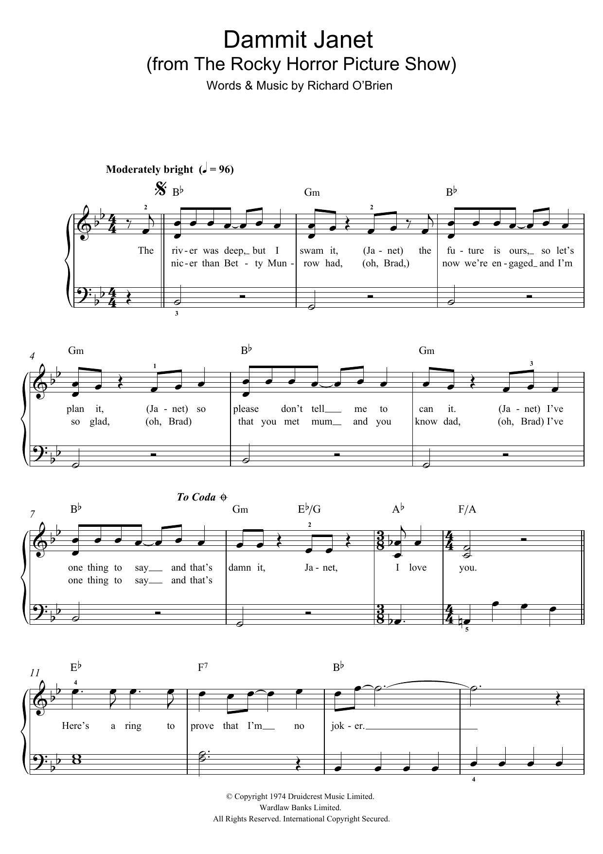 Richard O'Brien Dammit Janet (from The Rocky Horror Picture Show) Sheet Music