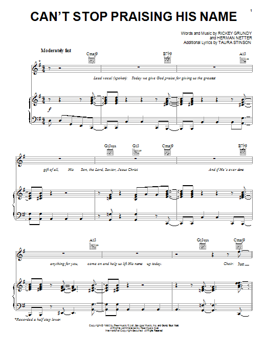Rickey Grundy Can't Stop Praising His Name Sheet Music