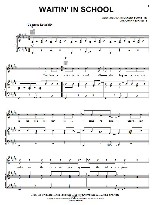 Ricky Nelson Waitin' In School Sheet Music