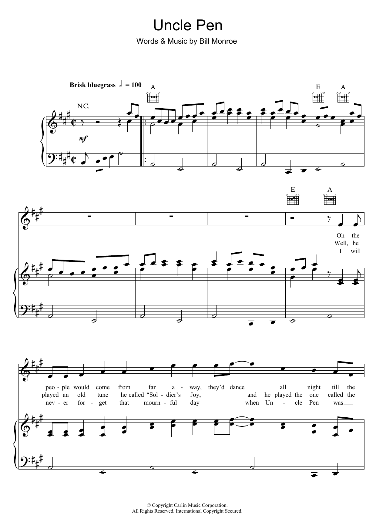 Ricky Skaggs Uncle Pen Sheet Music