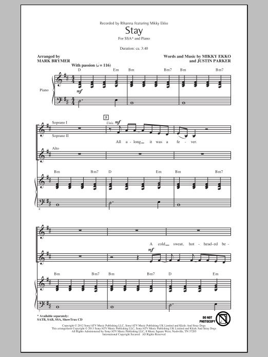 Rihanna Stay (arr. Mark Brymer) Sheet Music
