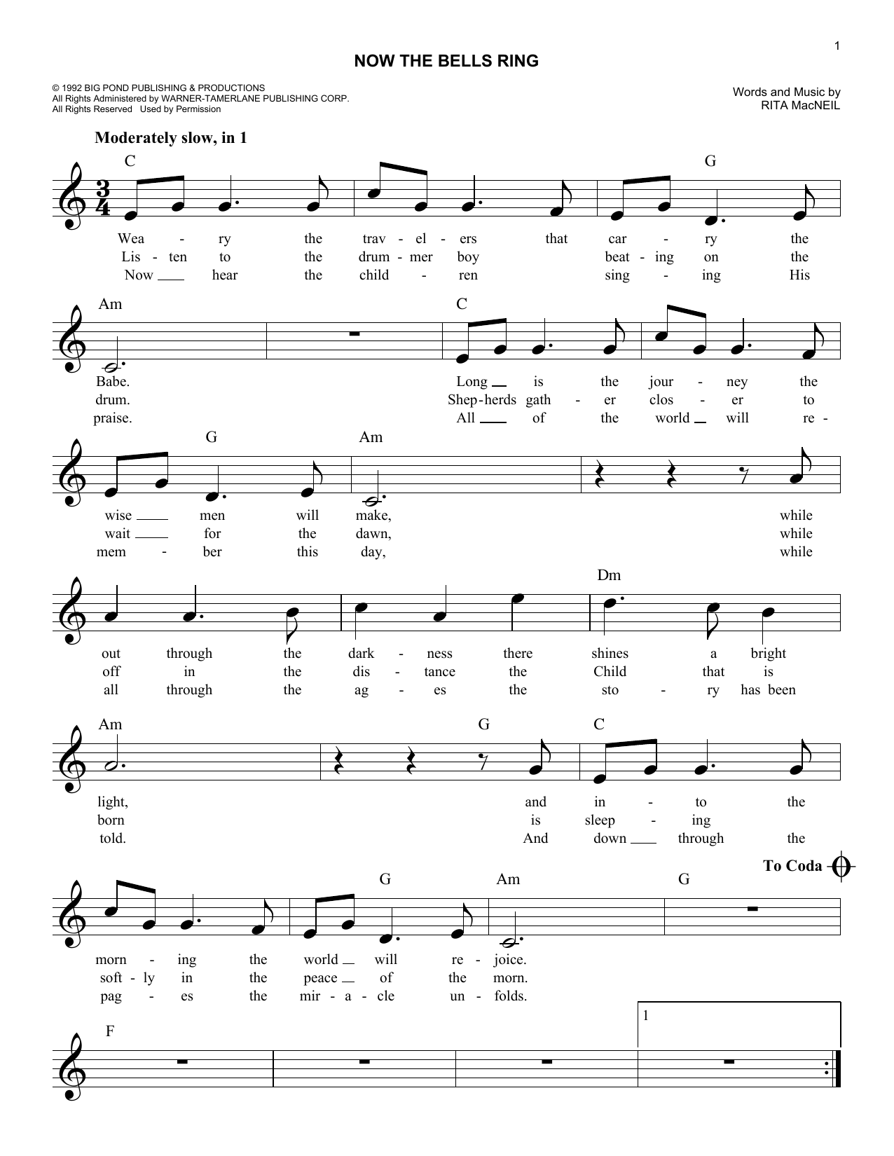 Rita MacNeil Now The Bells Ring Sheet Music