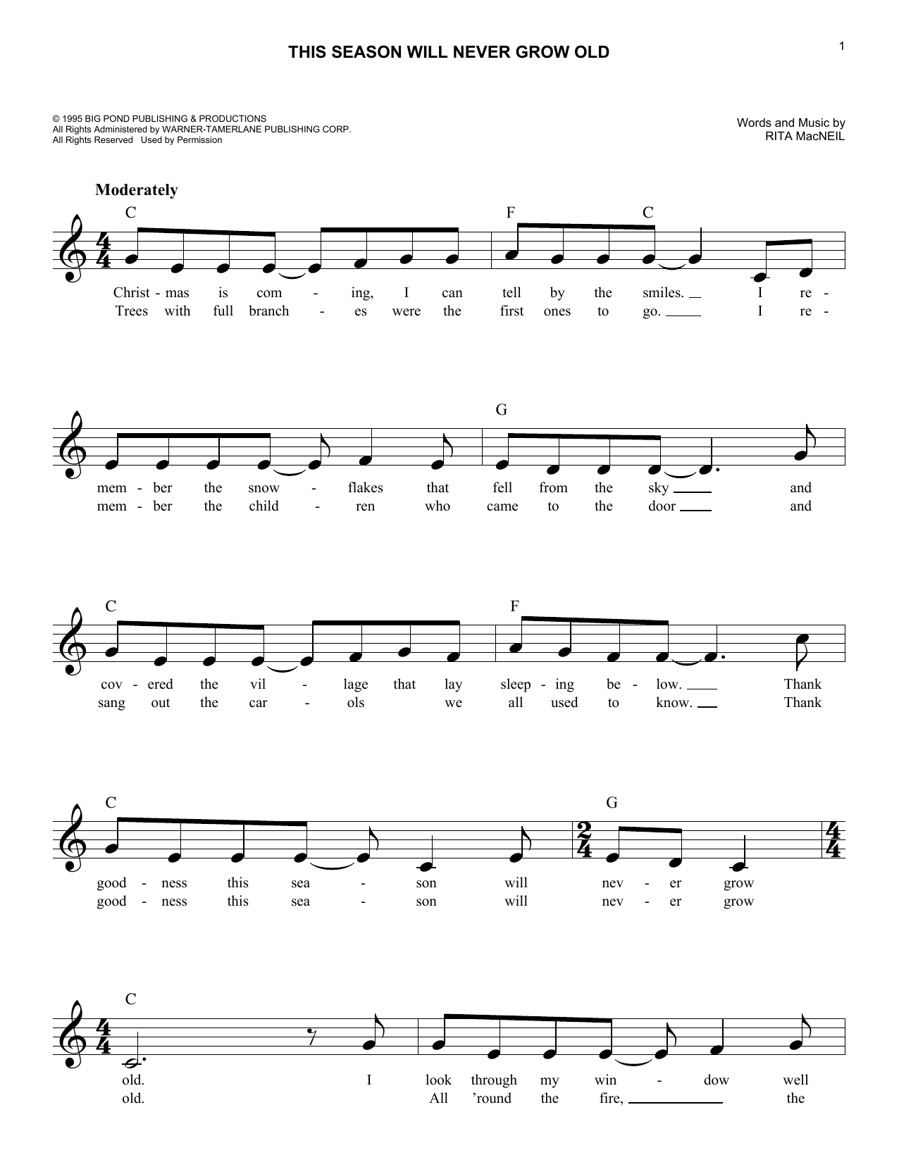 Rita MacNeil This Season Will Never Grow Old Sheet Music