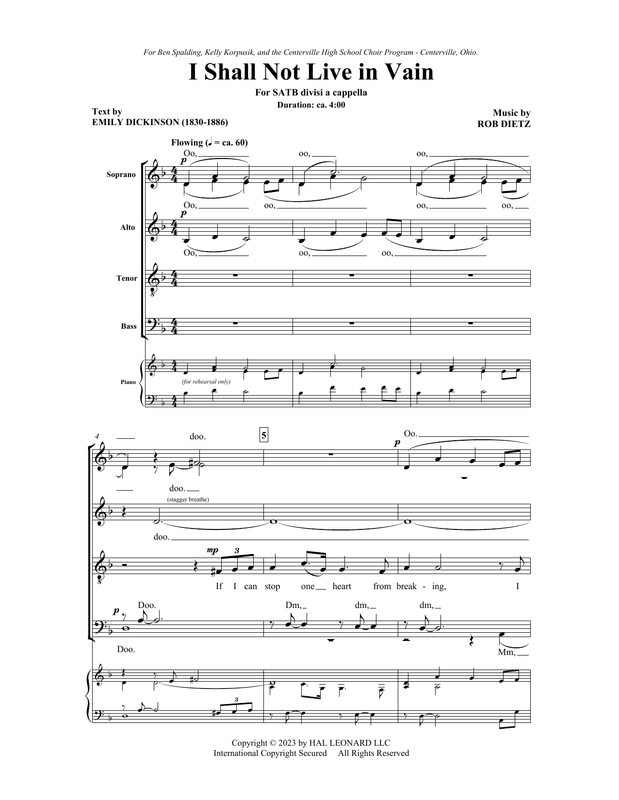 Rob Dietz I Shall Not Live In Vain Sheet Music
