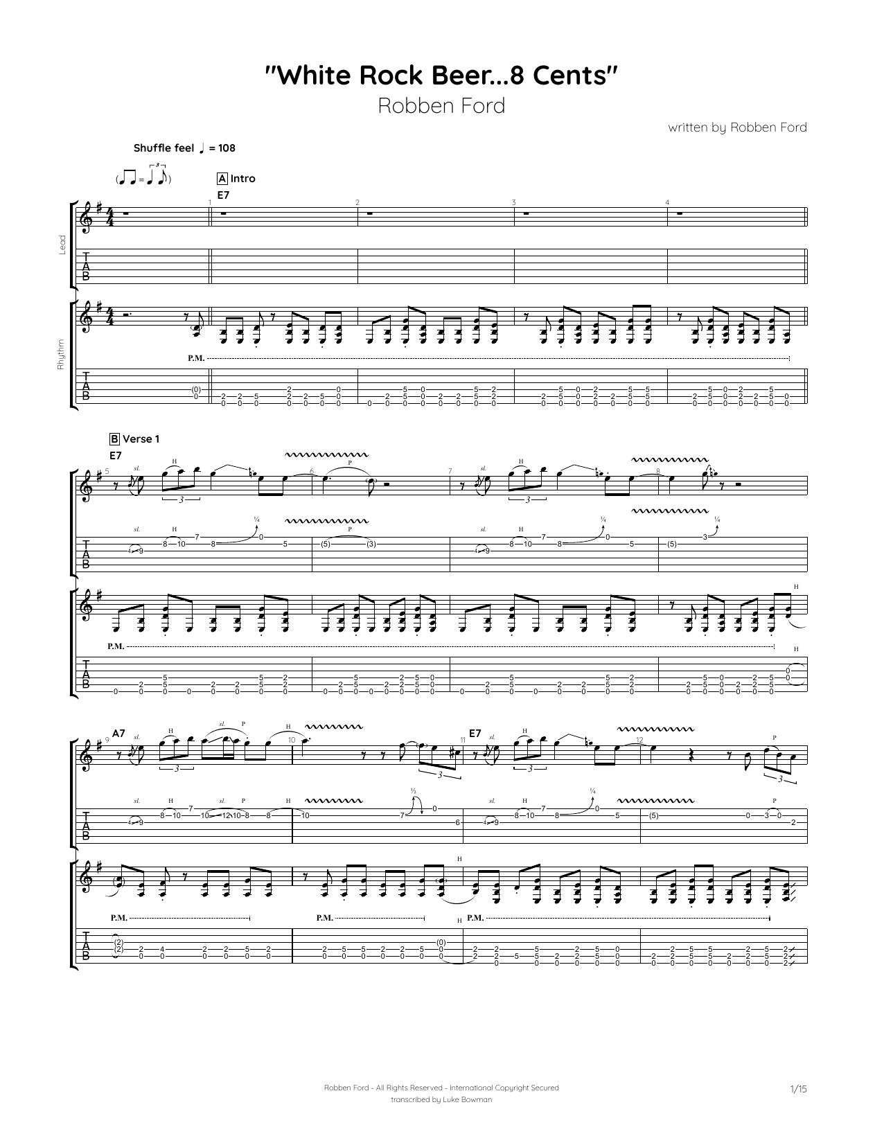 Robben Ford White Rock Beer...8 cents Sheet Music