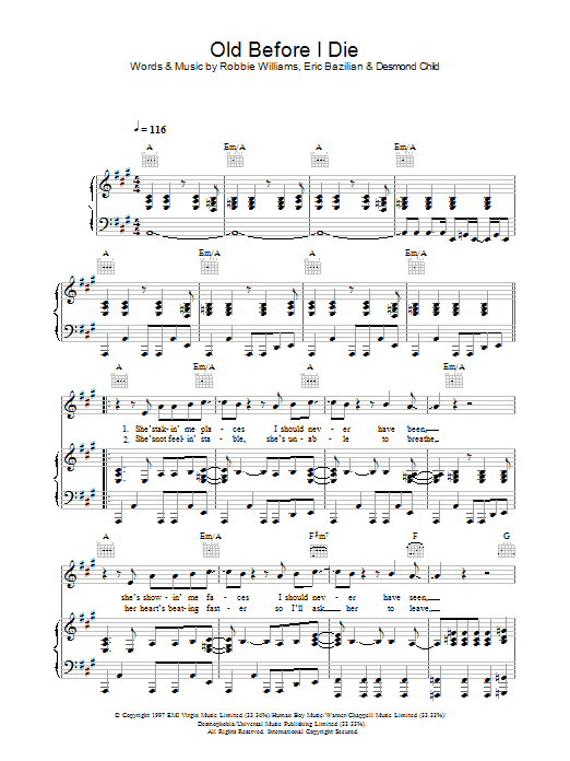 Robbie Williams Old Before I Die Sheet Music