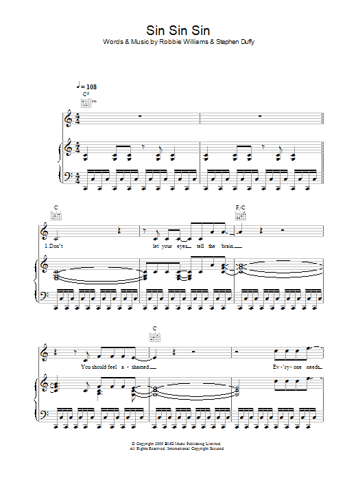Robbie Williams Sin Sin Sin Sheet Music