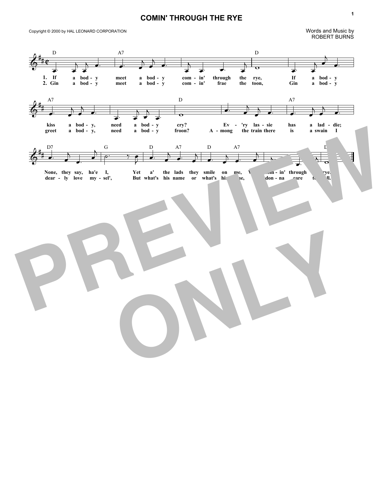 Robert Burns Comin' Through The Rye Sheet Music