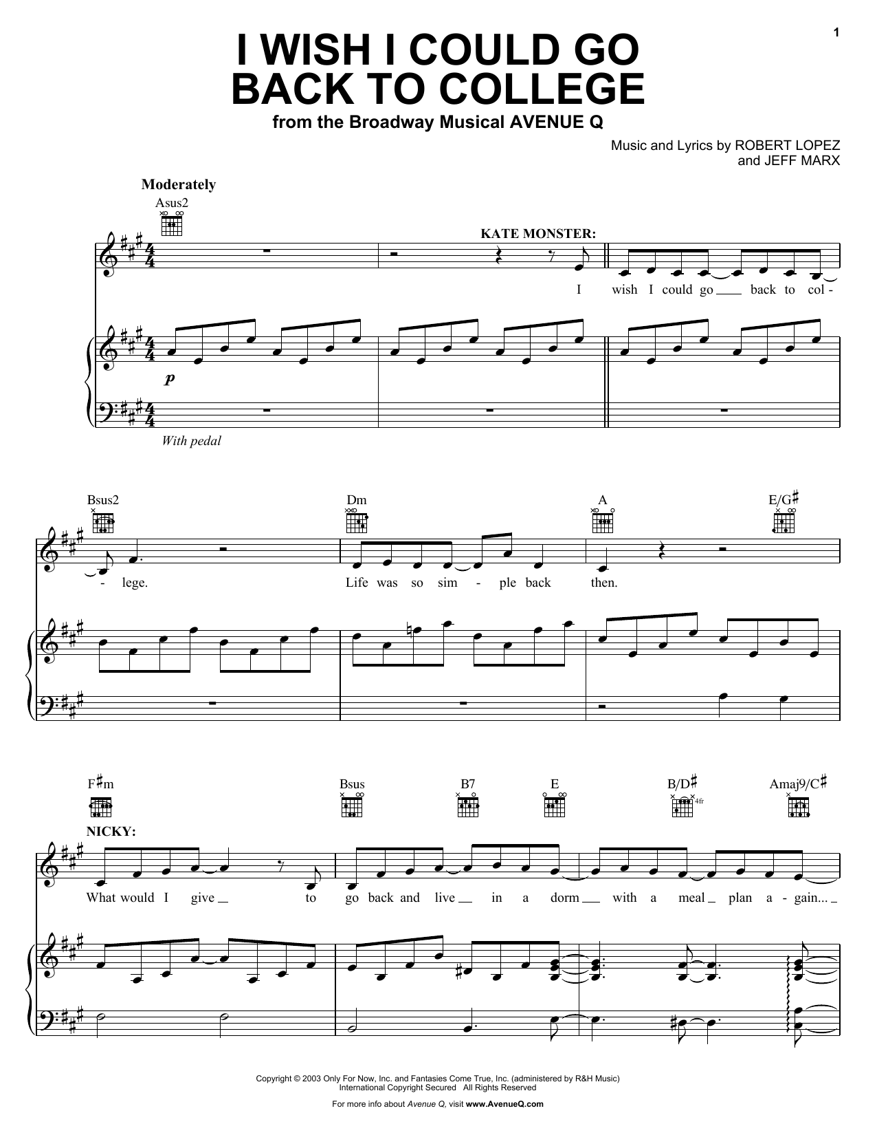 Robert Lopez I Wish I Could Go Back To College Sheet Music
