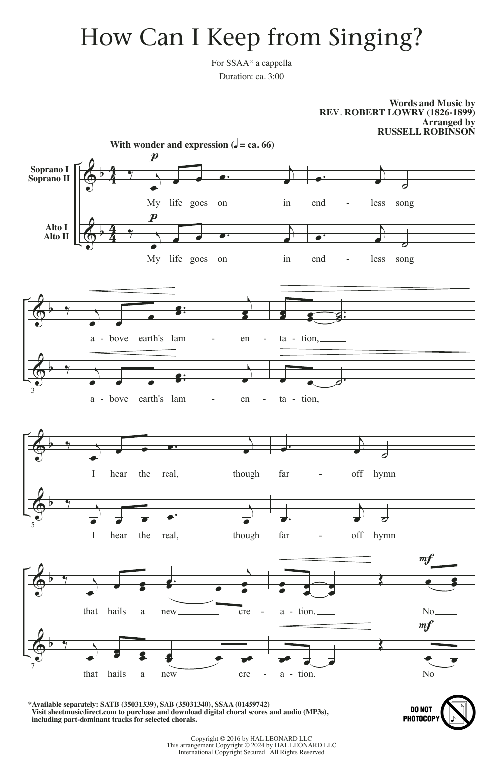 Robert Lowry How Can I Keep From Singing? (arr. Russell Robinson) Sheet Music