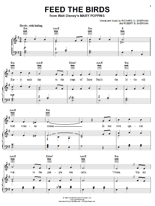 Sherman Brothers Feed The Birds (Tuppence A Bag) (from Mary Poppins) Sheet Music