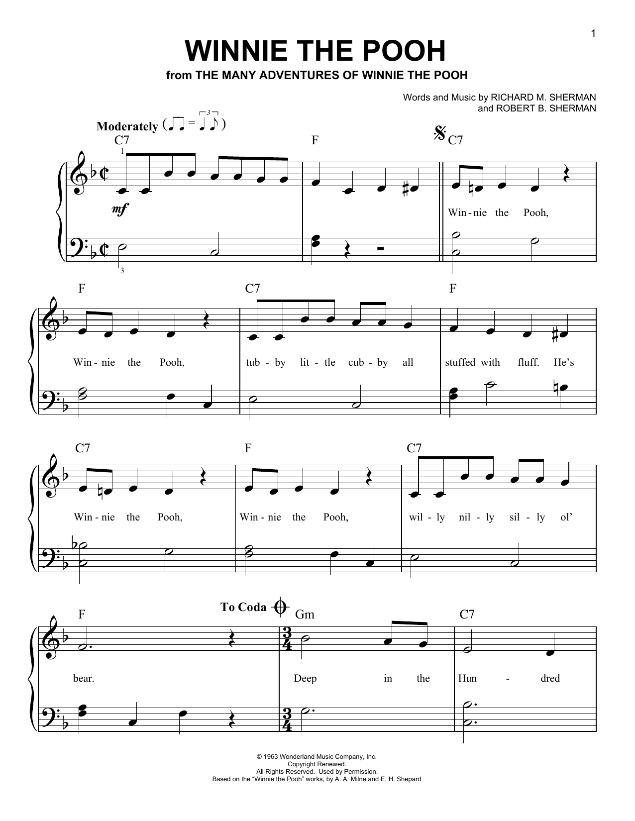 Sherman Brothers Winnie The Pooh (from The Many Adventures Of Winnie The Pooh) Sheet Music