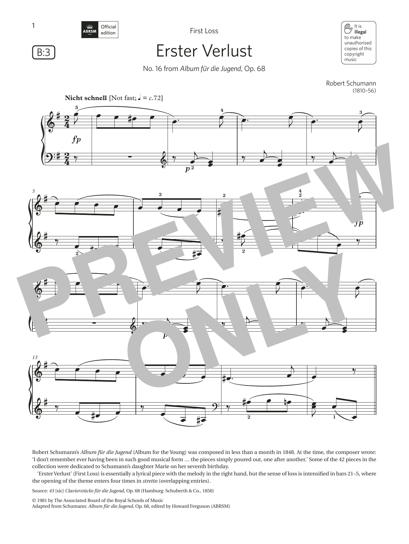 Robert Schumann Erster Verlust (Grade 4, list B3, from the ABRSM Piano Syllabus 2021 & 2022) Sheet Music