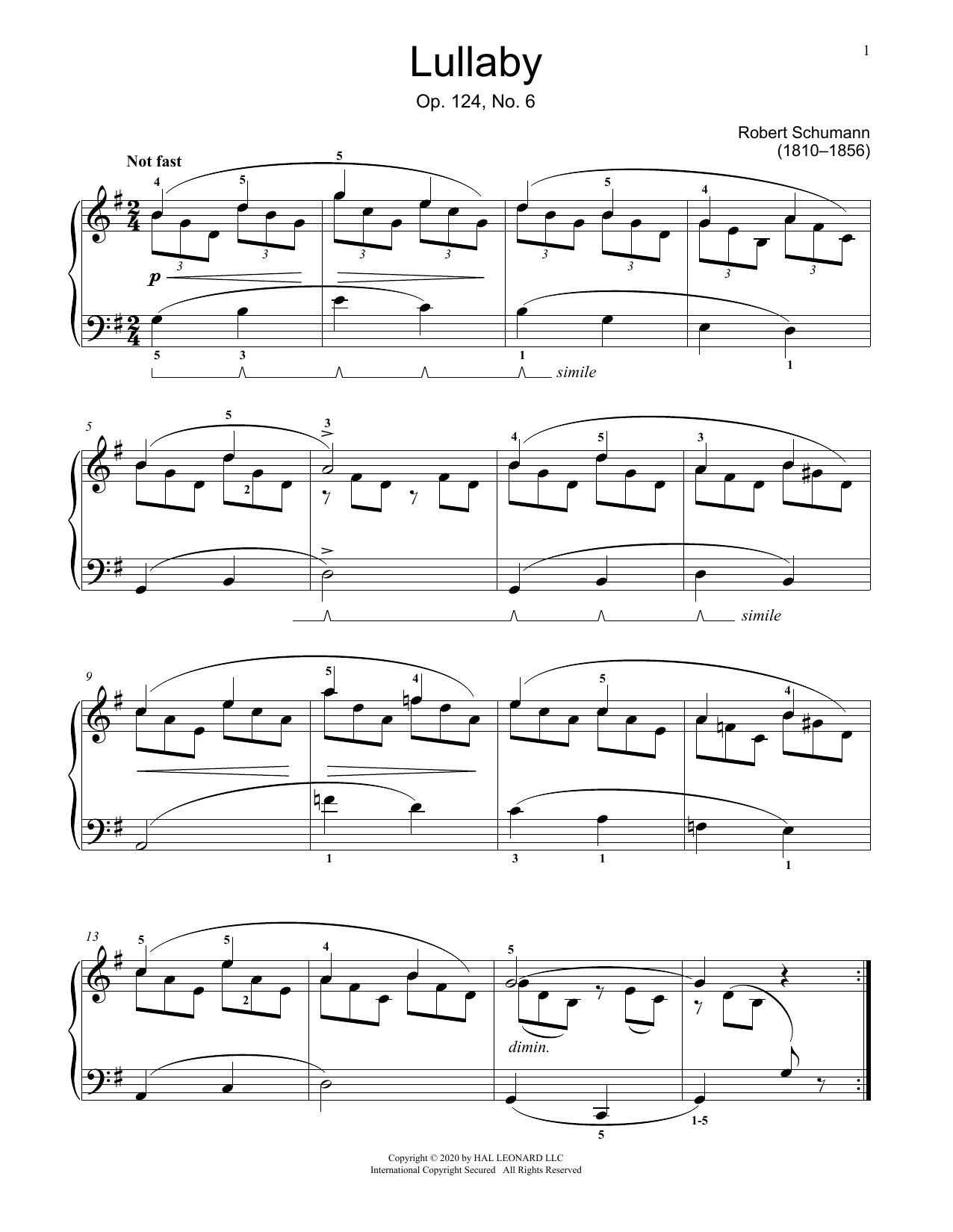 Robert Schumann Little Lullaby, Op. 124, No. 6 Sheet Music