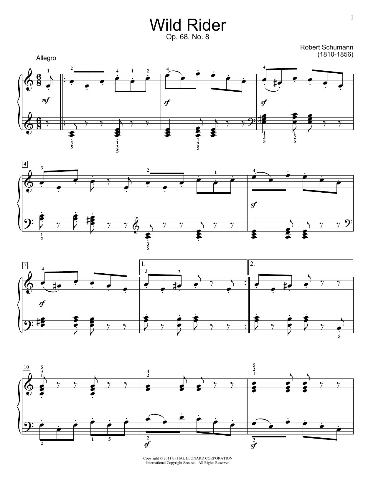 Robert Schumann The Wild Horseman, Op. 68, No. 8 Sheet Music