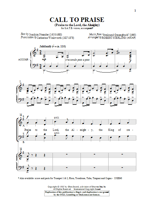 Robert Sterling Praise To The Lord, The Almighty Sheet Music
