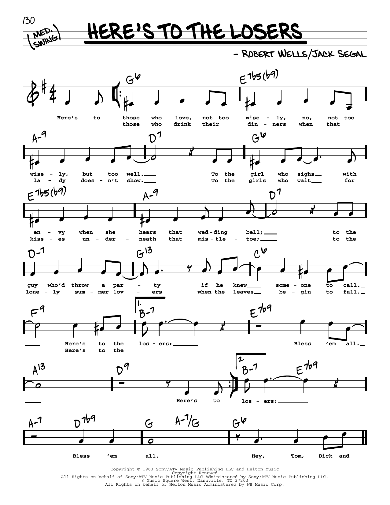 Robert Wells Here's To The Losers (High Voice) Sheet Music