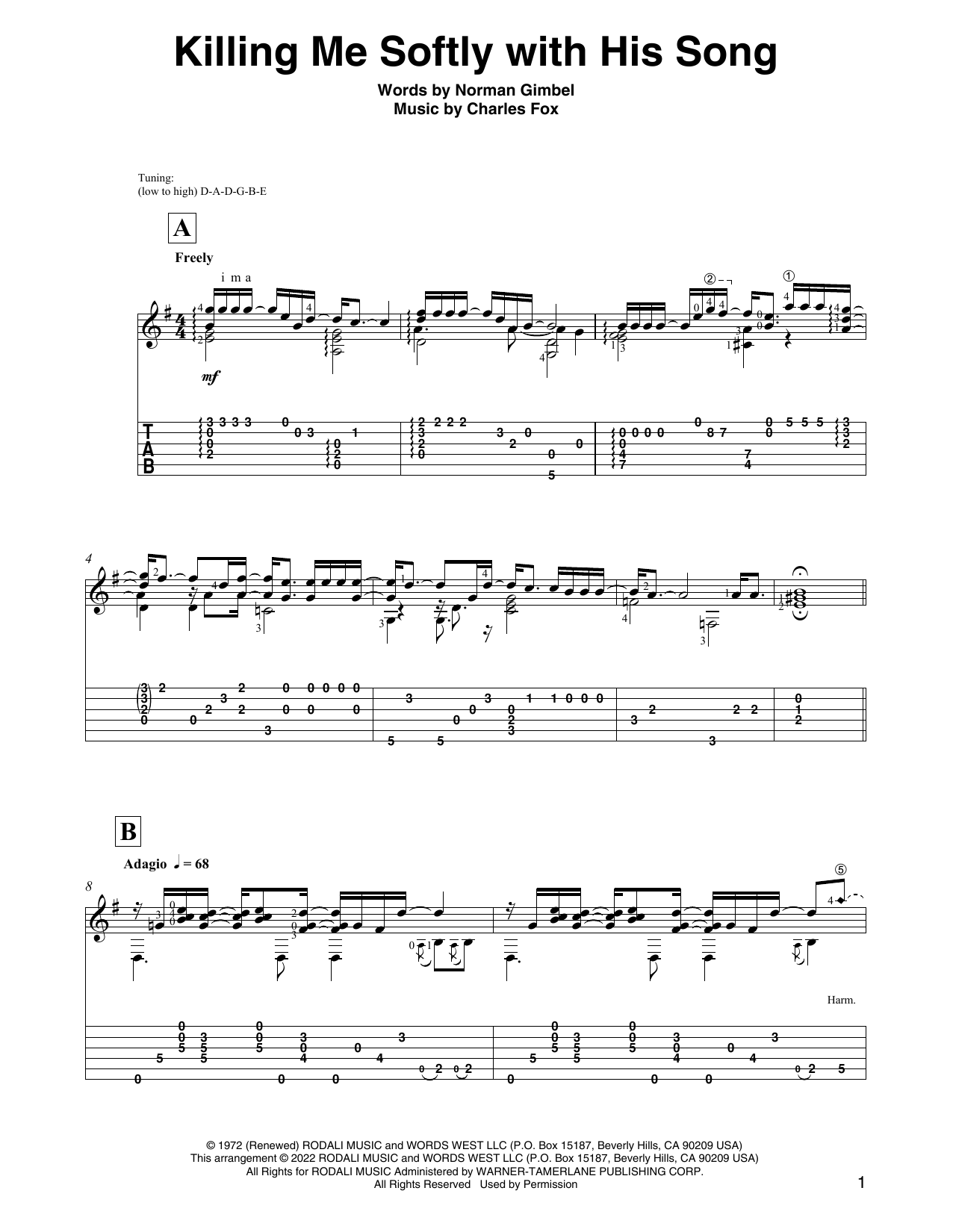 Roberta Flack Killing Me Softly With His Song (arr. David Jaggs) Sheet Music