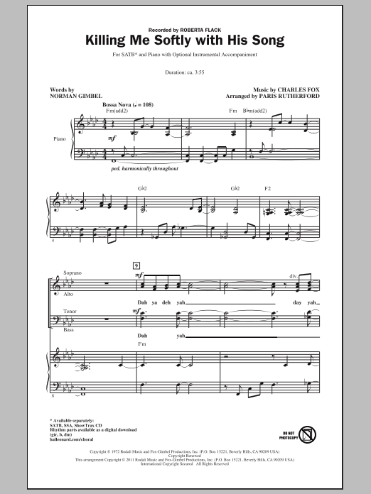 Roberta Flack Killing Me Softly With His Song (arr. Paris Rutherford) Sheet Music
