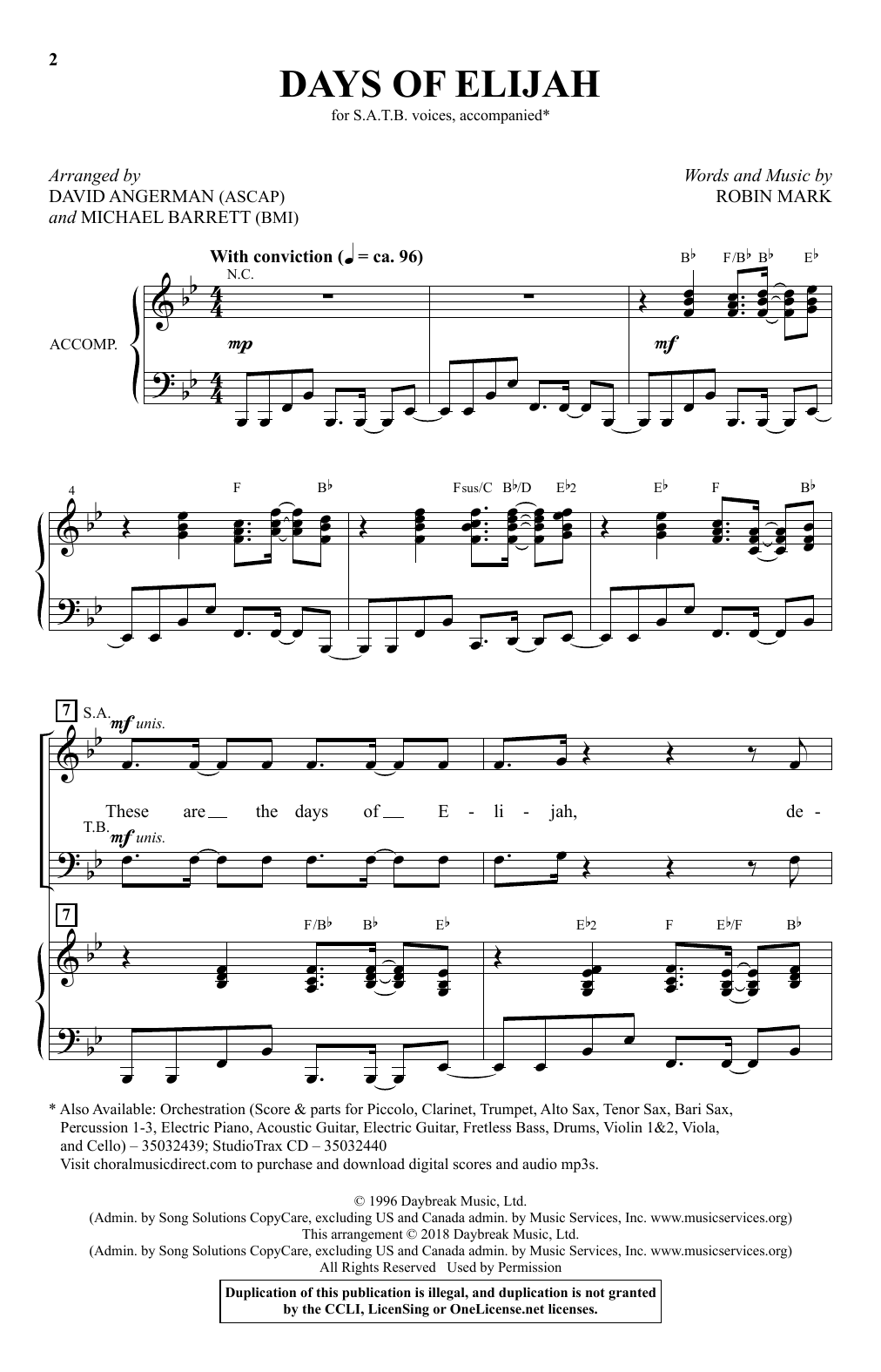 Robin Mark Days Of Elijah (arr. David Angerman & Michael Barrett) Sheet Music