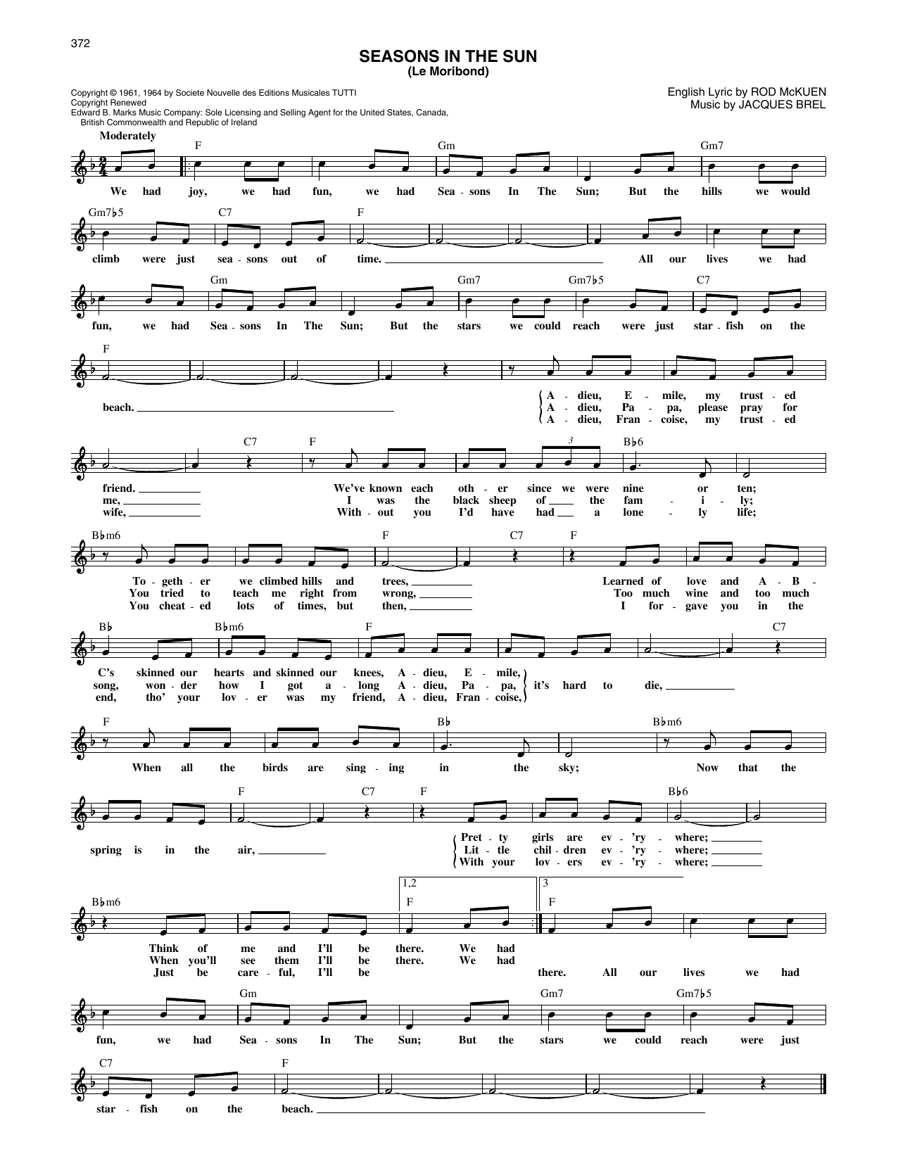 Rod McKuen and Jacques Brel Seasons In The Sun (Le Moribond) Sheet Music