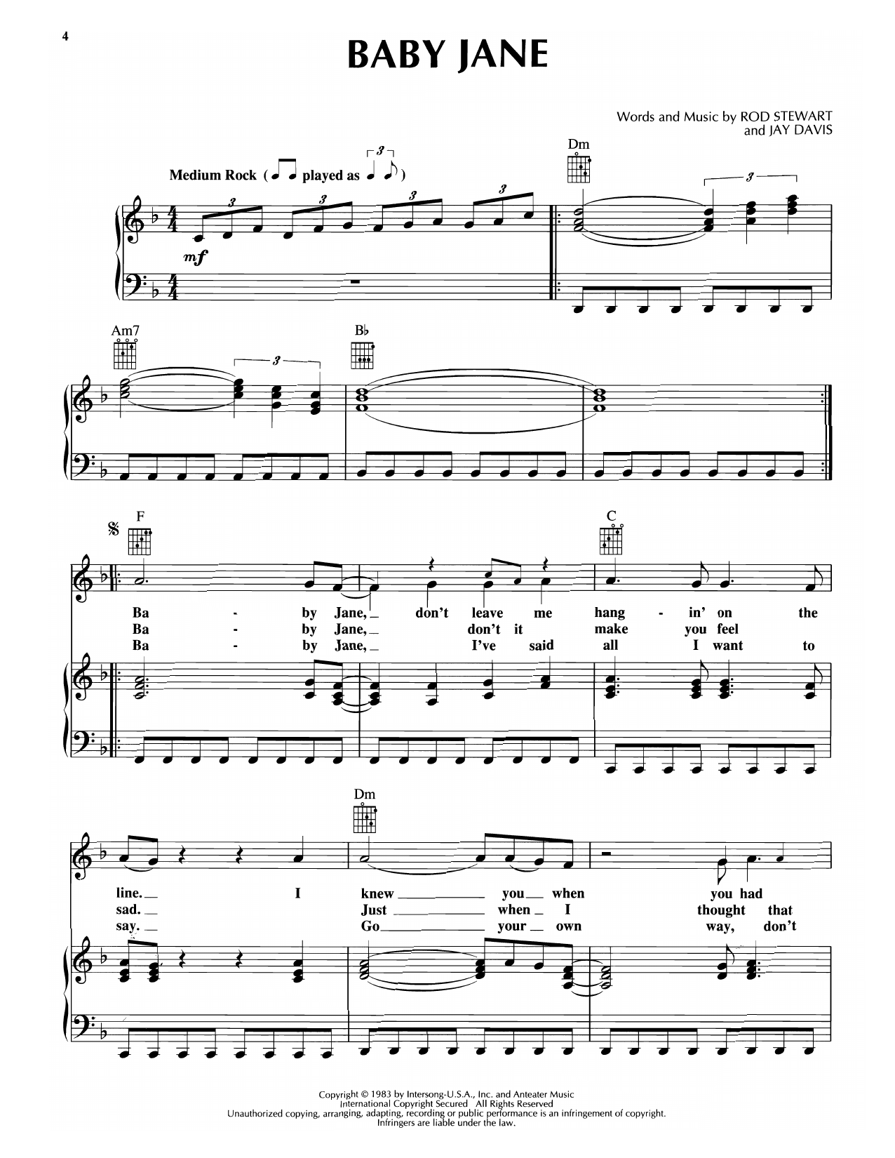 Rod Stewart Baby Jane Sheet Music