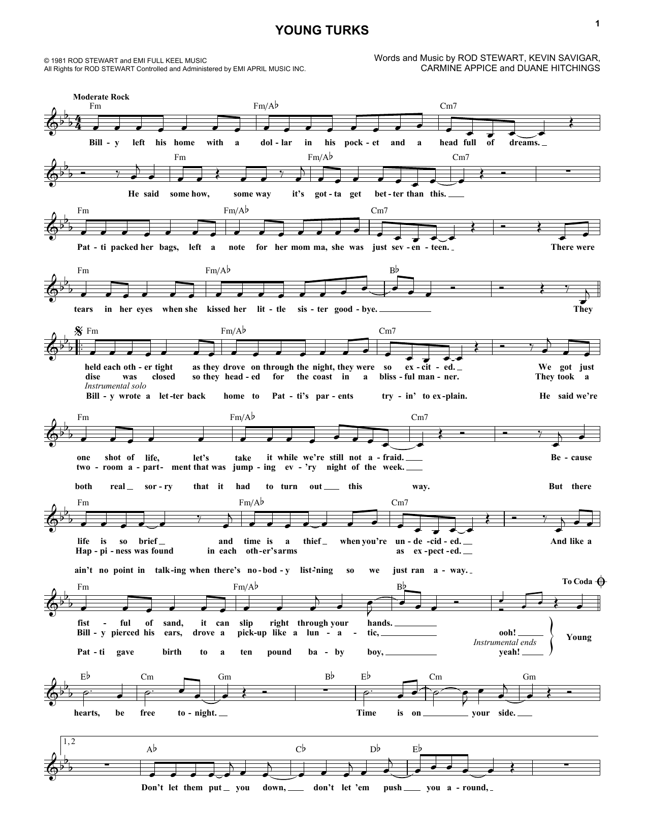 Rod Stewart Young Turks Sheet Music