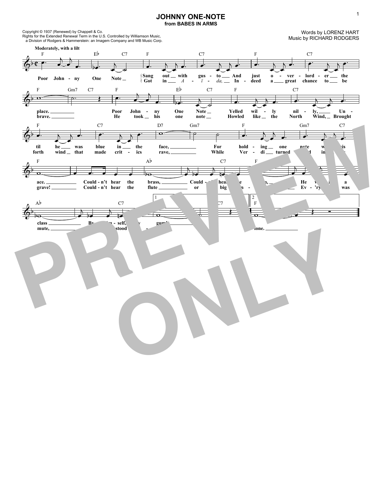 Rodgers & Hart Johnny One-Note Sheet Music