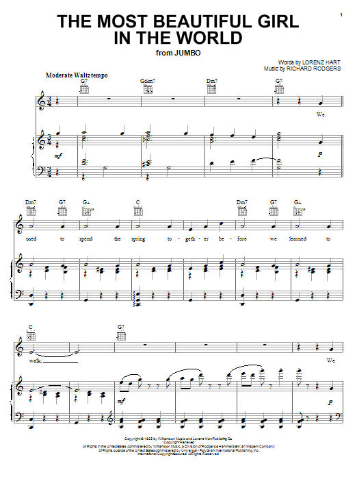 Rodgers & Hart The Most Beautiful Girl In The World Sheet Music