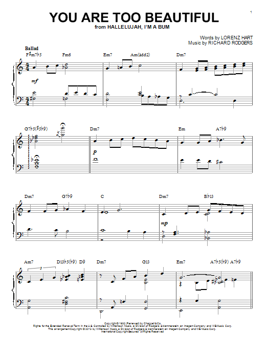 Rodgers & Hart You Are Too Beautiful (arr. Brent Edstrom) Sheet Music