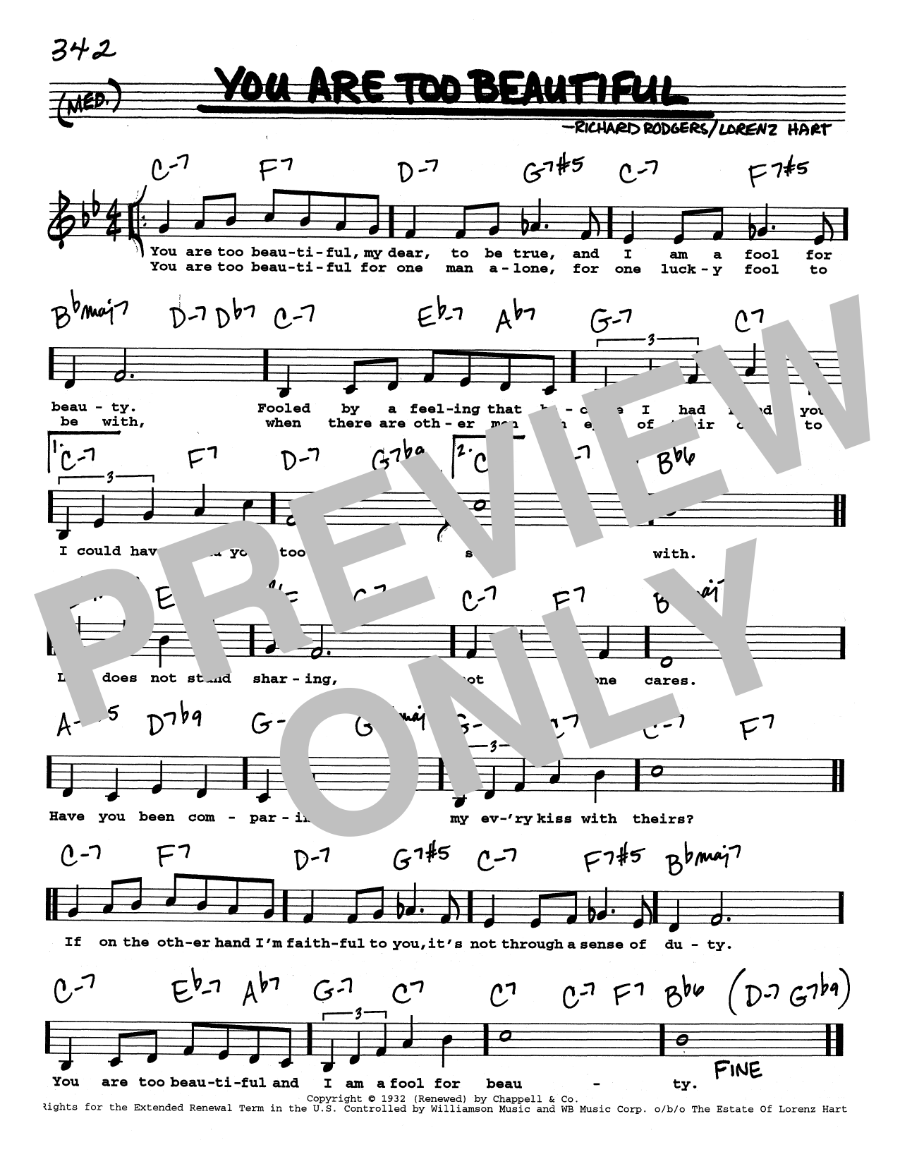 Rodgers & Hart You Are Too Beautiful (Low Voice) Sheet Music