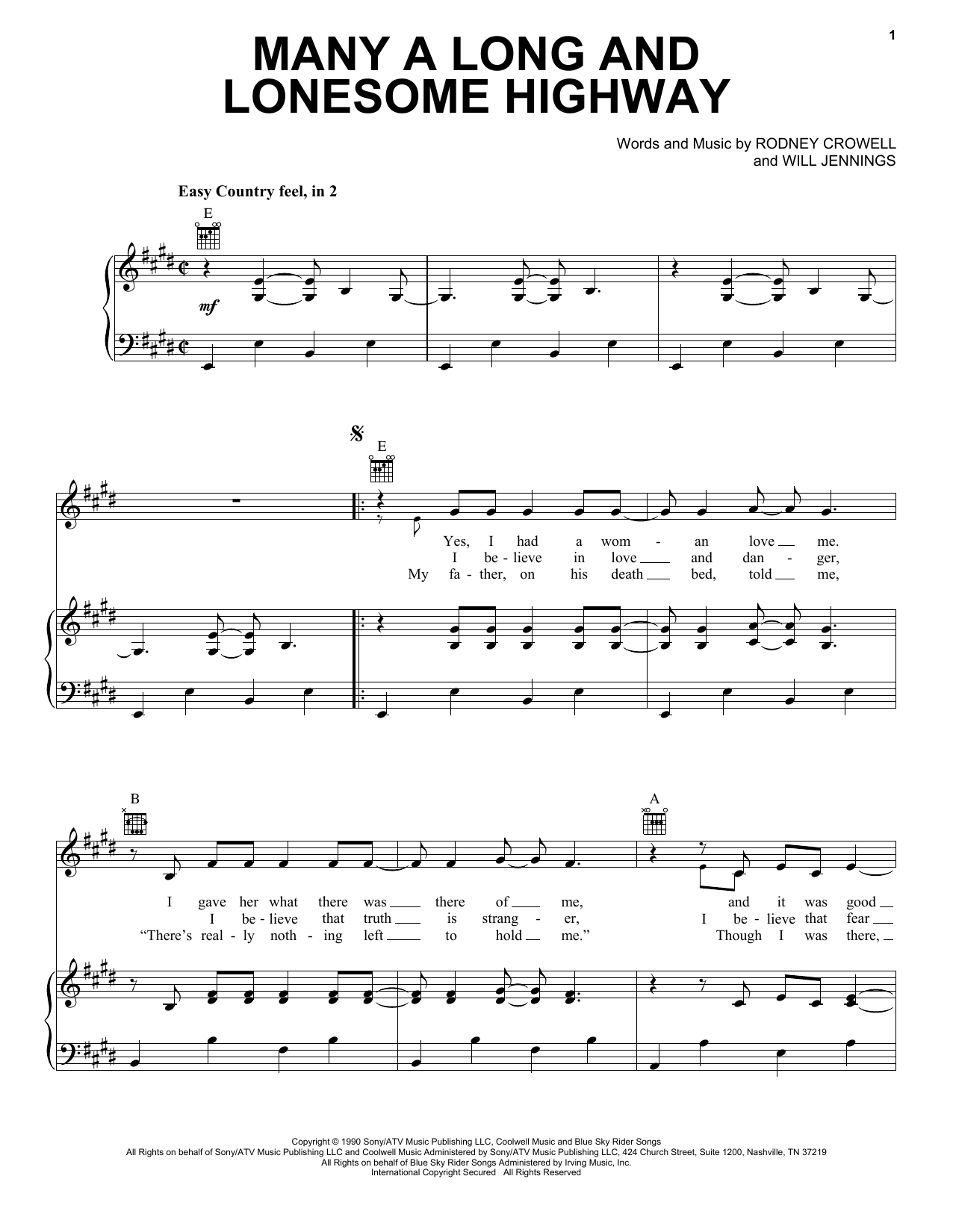 Rodney Crowell Many A Long And Lonesome Highway Sheet Music