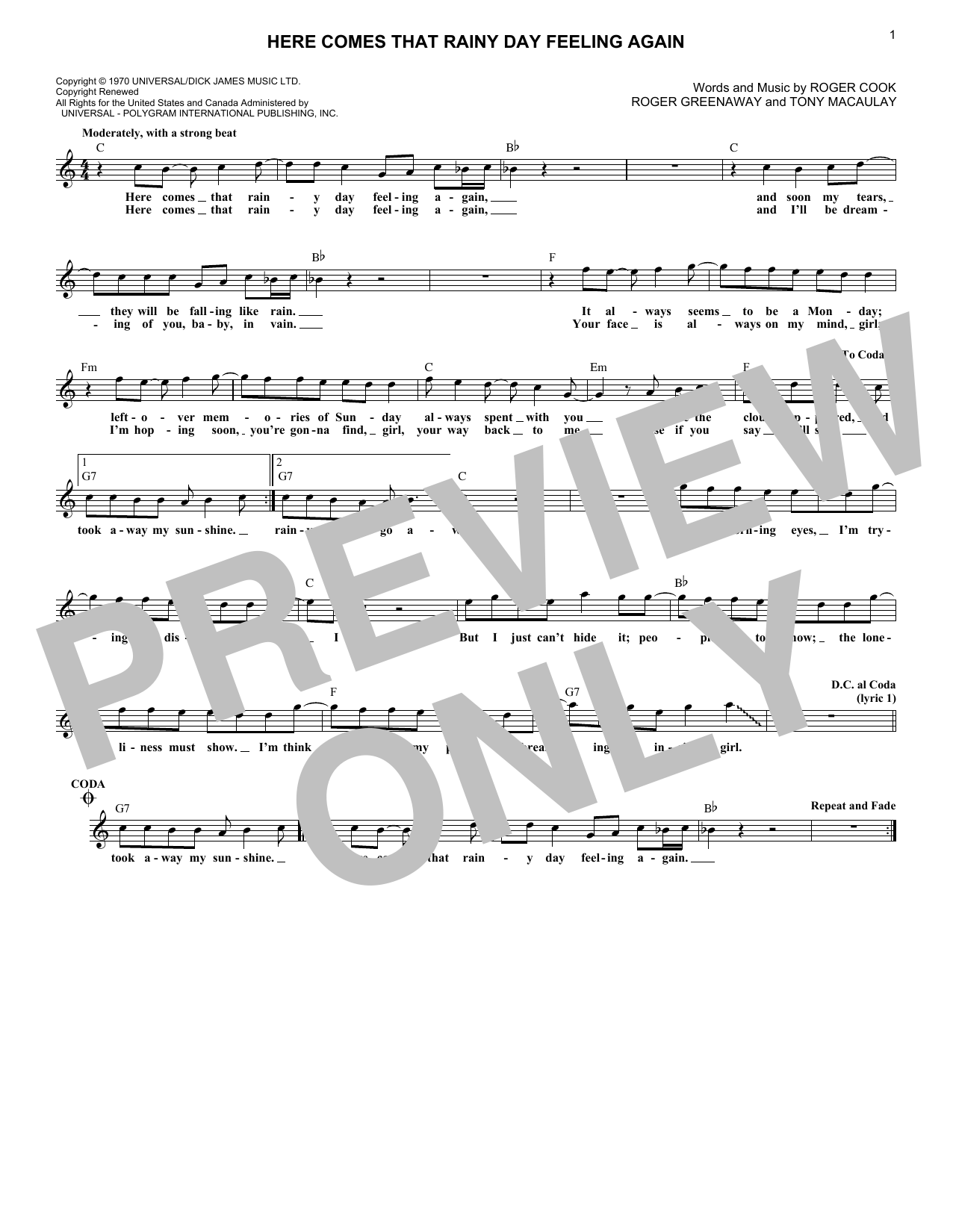 Roger Cook Here Comes That Rainy Day Feeling Again Sheet Music