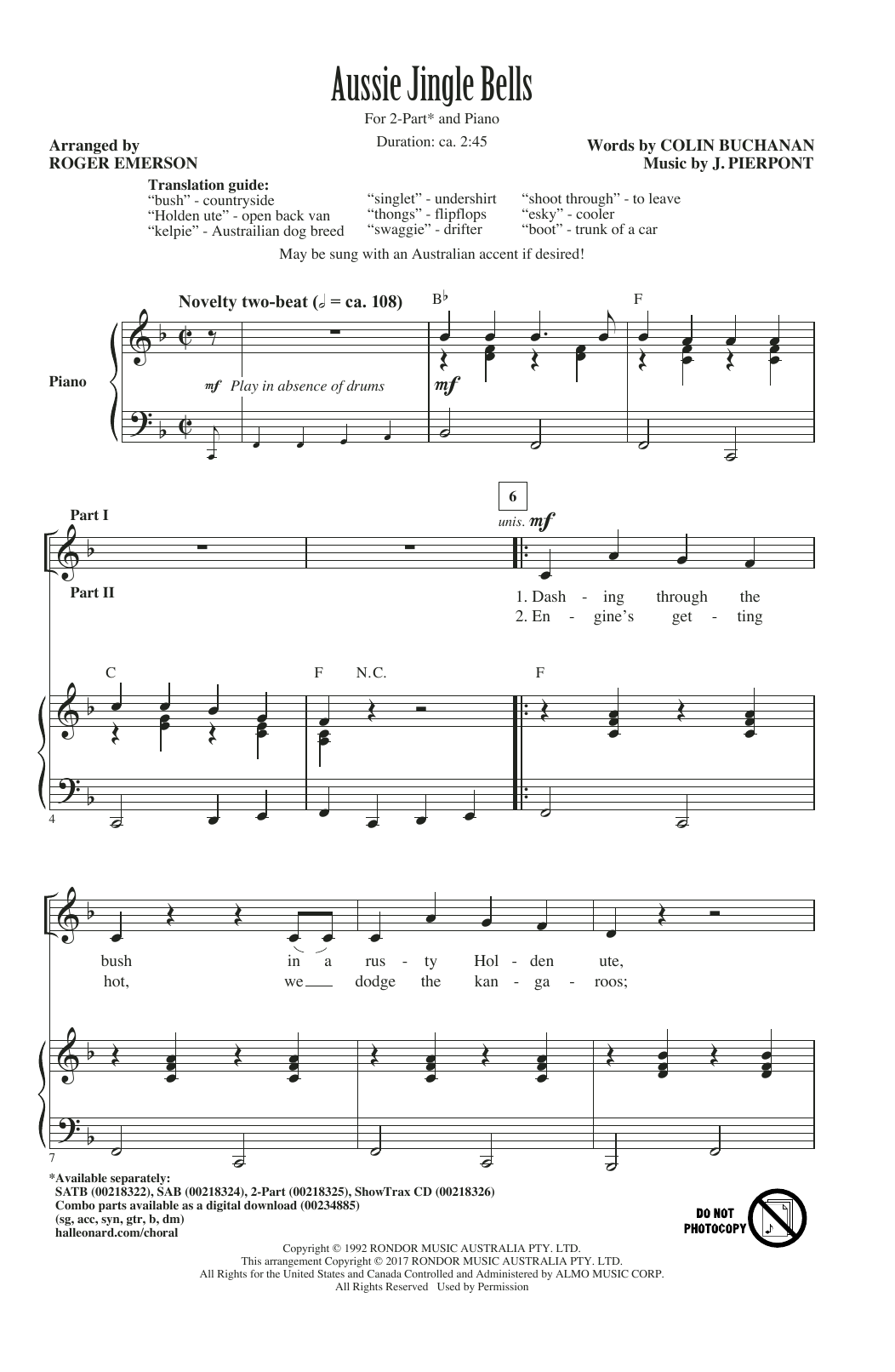 Roger Emerson Aussie Jingle Bells Sheet Music