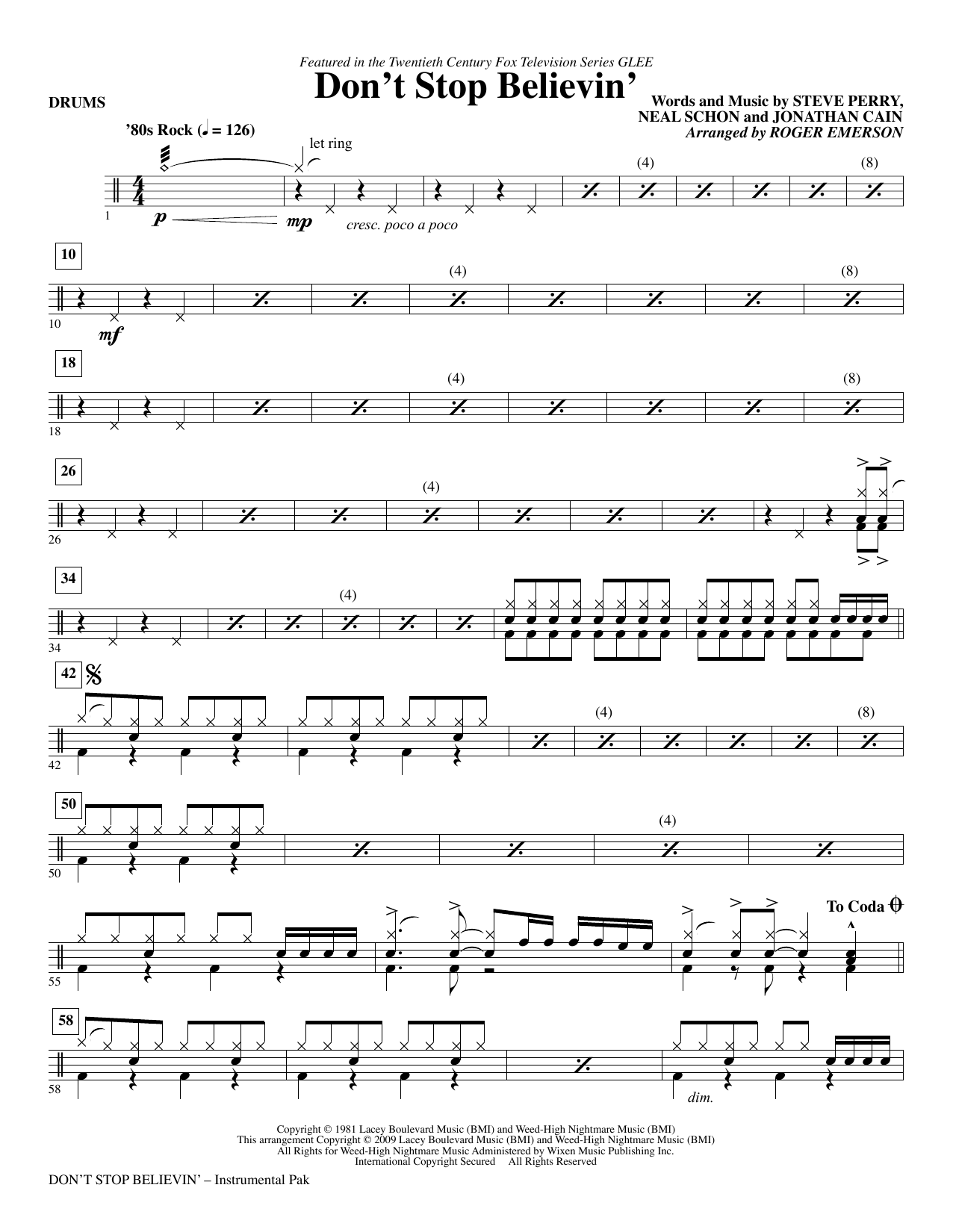 Roger Emerson Don't Stop Believin' - Drums Sheet Music
