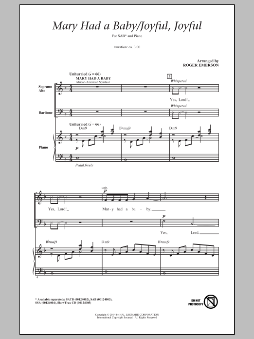 Roger Emerson Mary Had A Baby / Joyful, Joyful Sheet Music