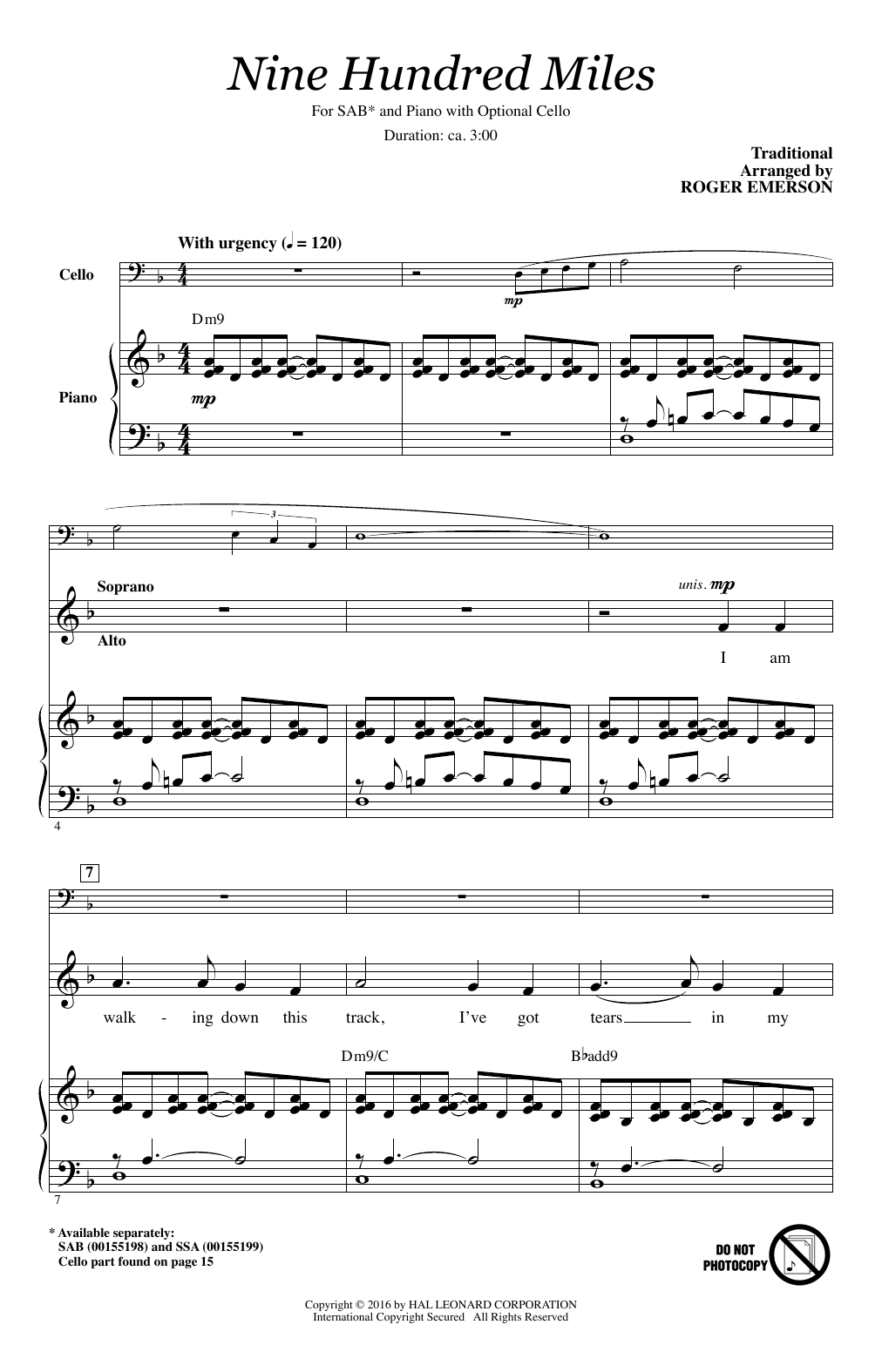 Roger Emerson Nine Hundred Miles Sheet Music