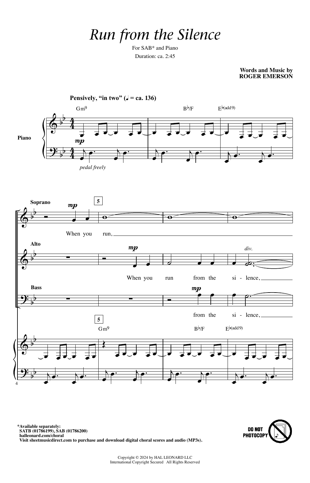 Roger Emerson Run From The Silence Sheet Music