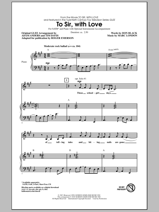 Roger Emerson To Sir, With Love Sheet Music