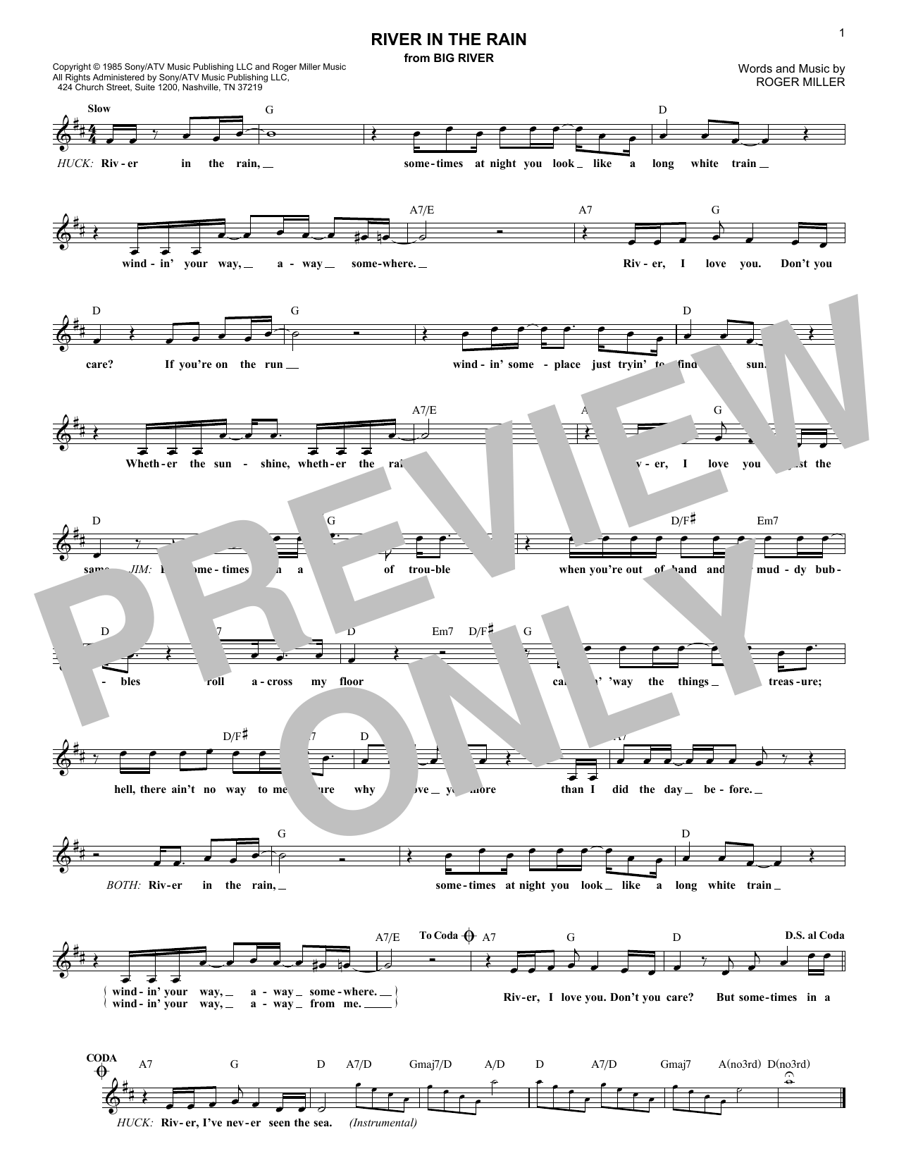 Roger Miller River In The Rain Sheet Music