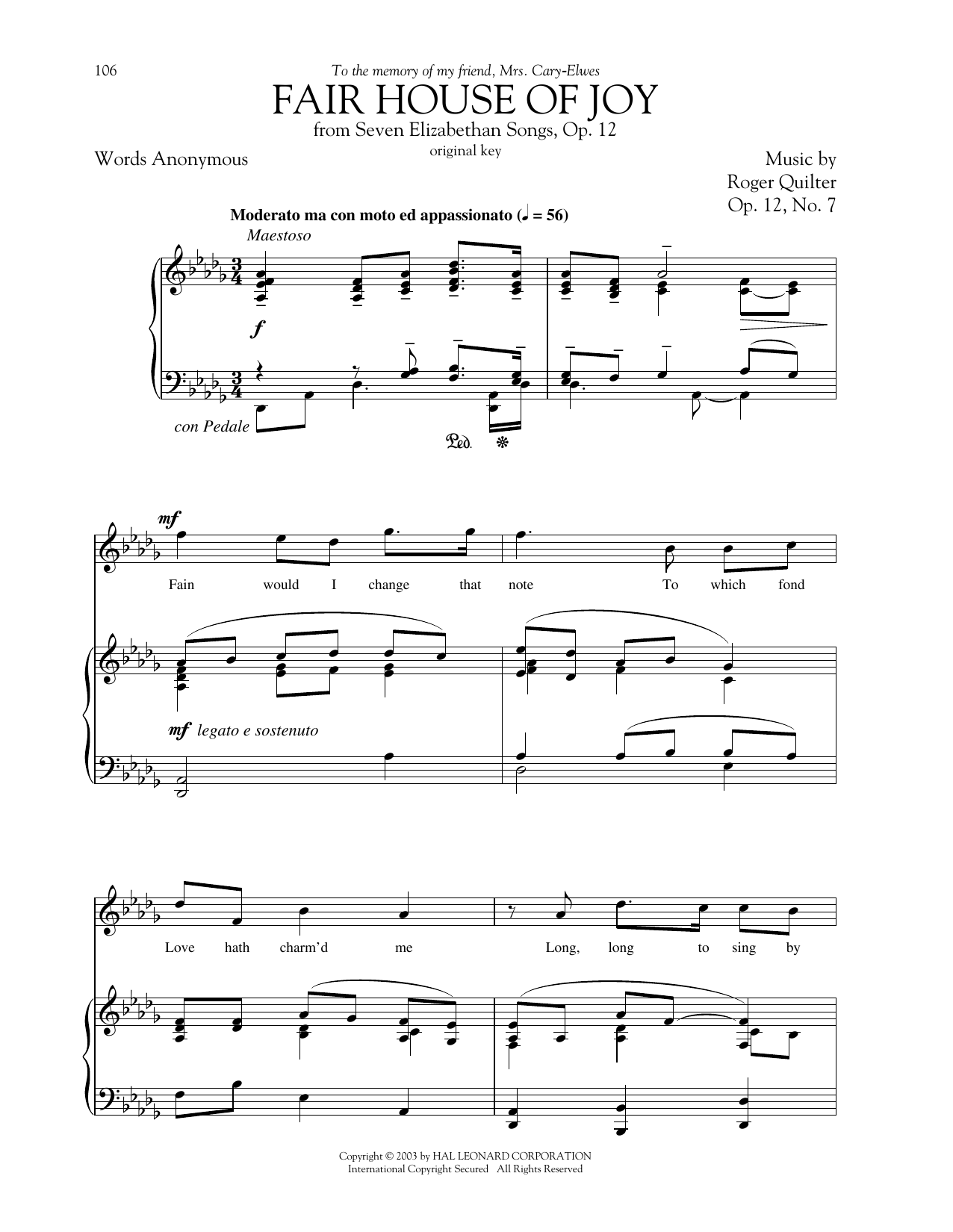 Roger Quilter Fair House Of Joy Sheet Music
