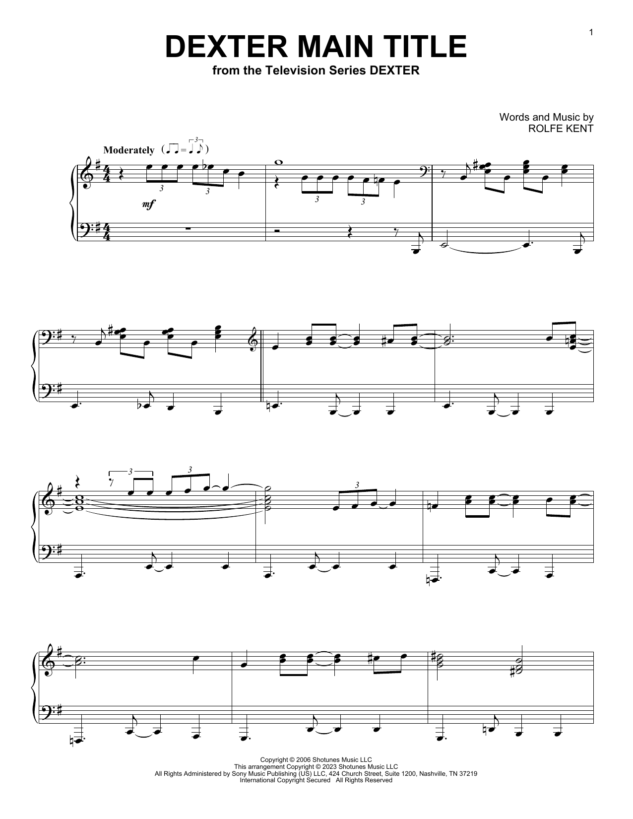 Rolfe Kent Dexter Main Title Sheet Music