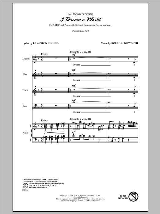 Rollo Dilworth I Dream A World (from Trilogy of Dreams) Sheet Music
