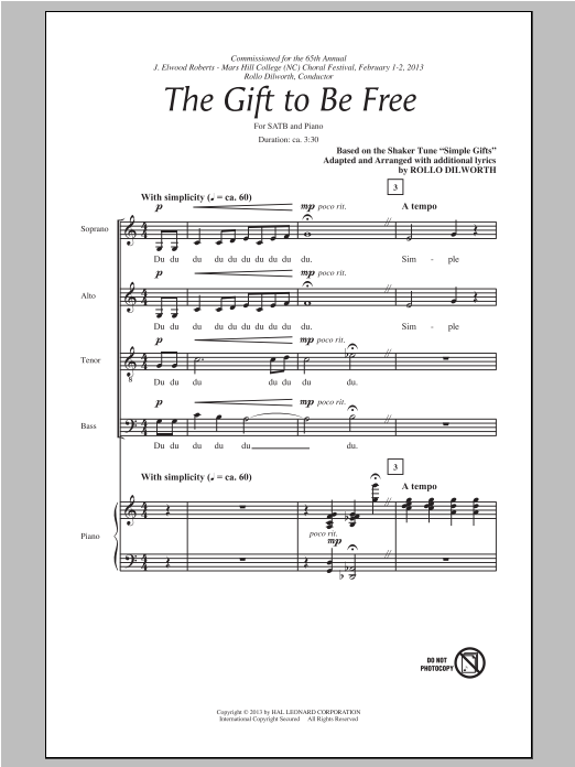 Rollo Dilworth The Gift To Be Free Sheet Music