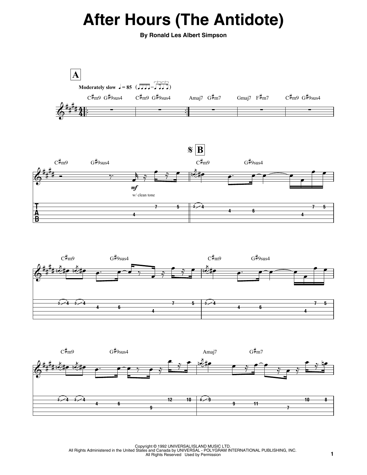 Ronny Jordan After Hours (The Antidote) Sheet Music