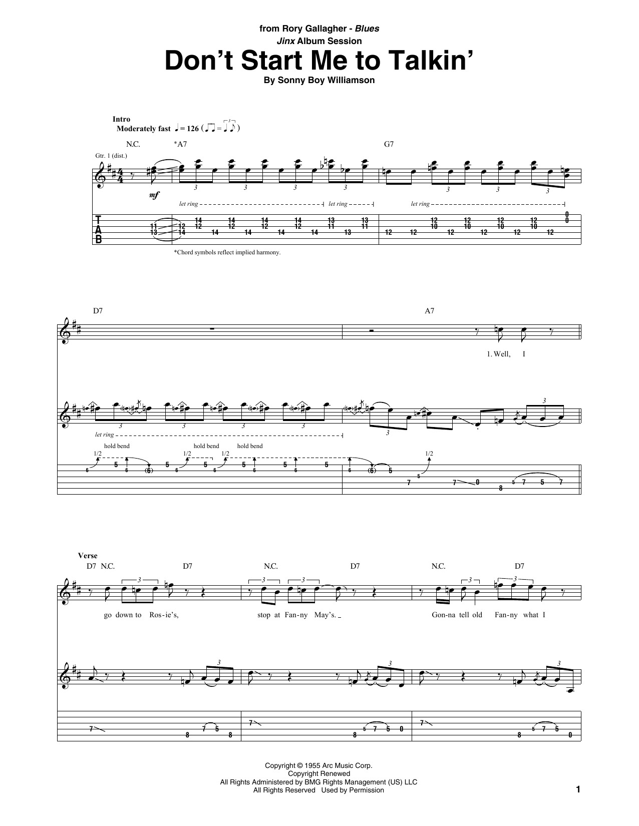 Rory Gallagher Don't Start Me To Talkin' Sheet Music